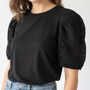 Romantic Black Eyelet Broderie Anglaise Puff Sleeve T-Shirt Blouse by INDUSTRY M